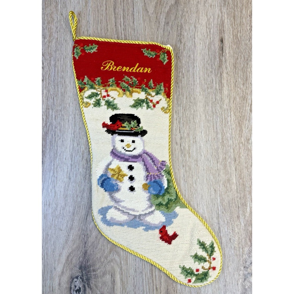 Lenox Christmas Stocking Velvet Wool Needlepoint Snowman BRENDAN 18" Read